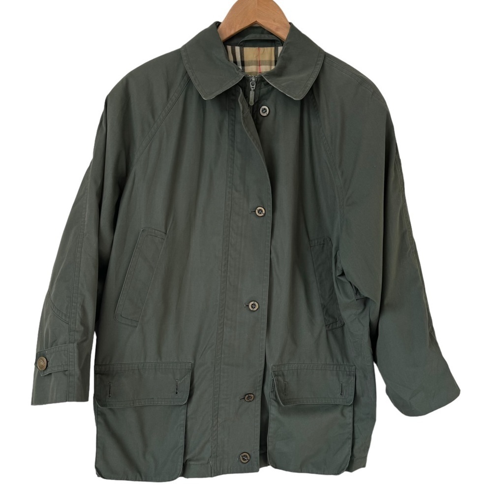 Vintage Burberrys Full Zip Button Closure Long Coat Nova Check Green